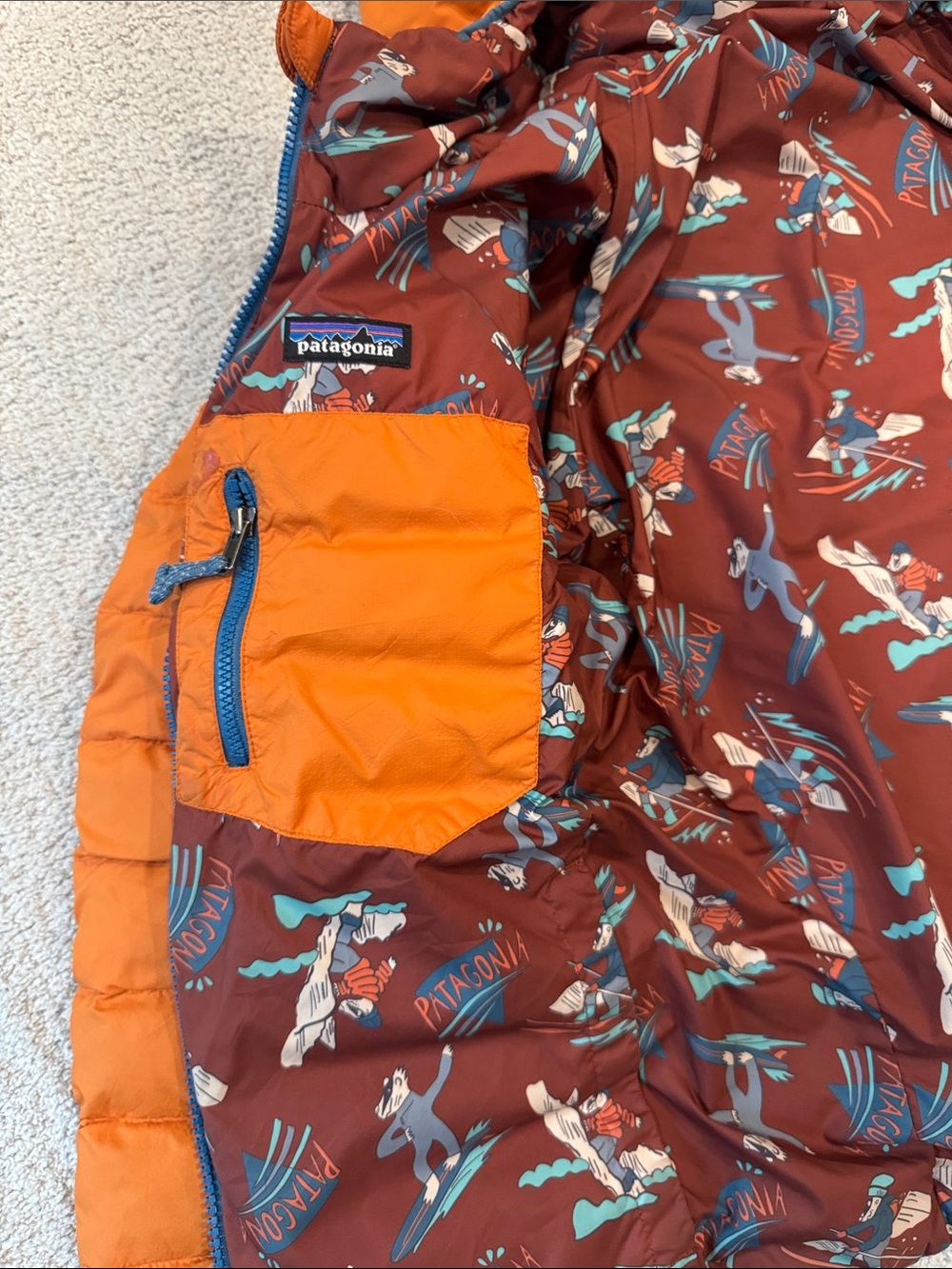 Patagonia Orange, Brown & Blue Hooded Puffer Jacket - Picture 7 of 10